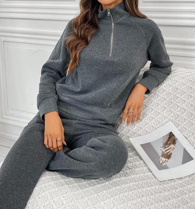 Women Plain Two-Piece Set Daily Long Sleeve Casual Spring/Fall Top With Pants Matching Set