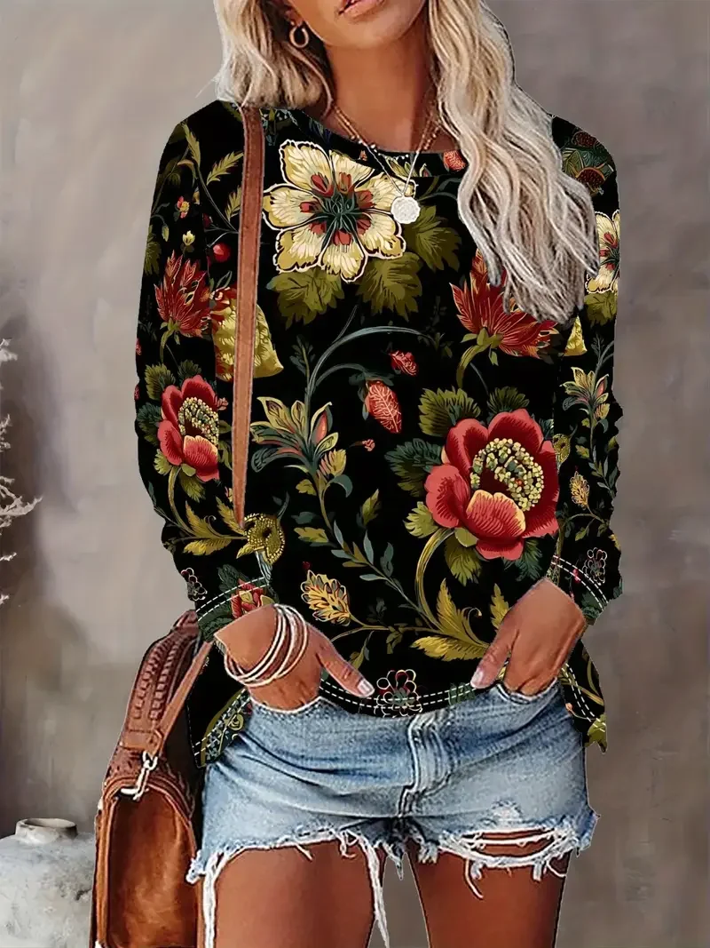 Casual Floral Crew Neck Long Sleeve T-shirt