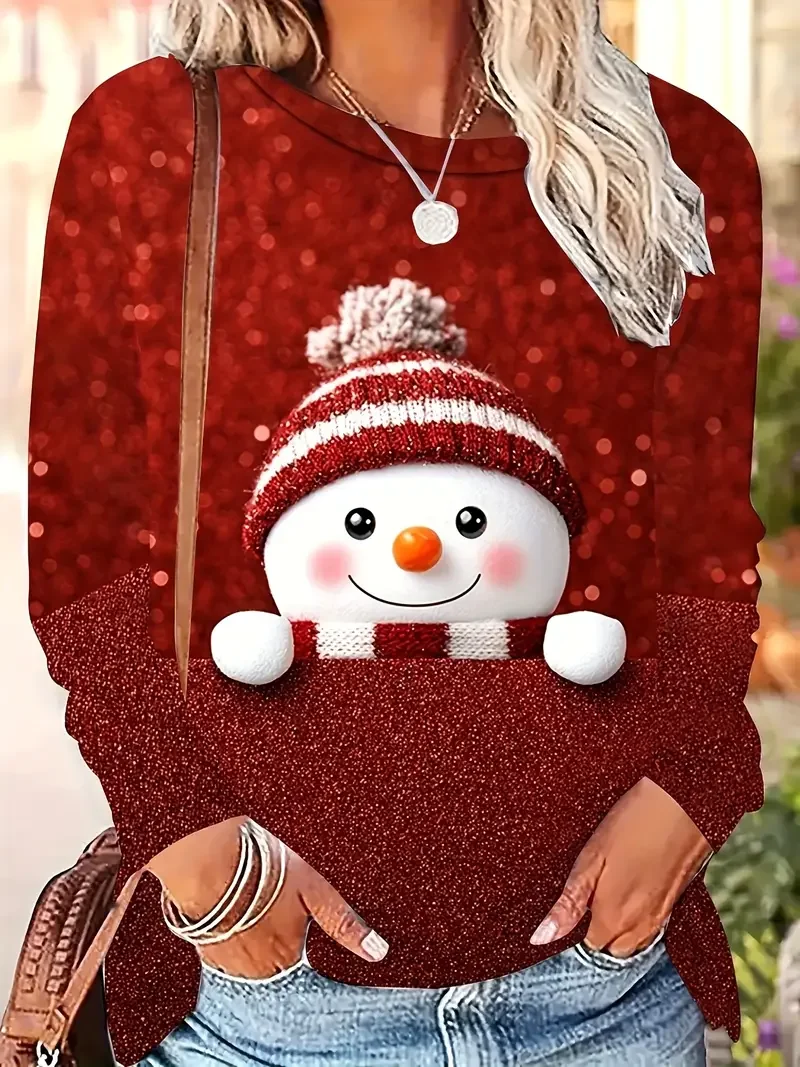 Casual Christmas Snowman Crew Neck Long Sleeve T-shirt