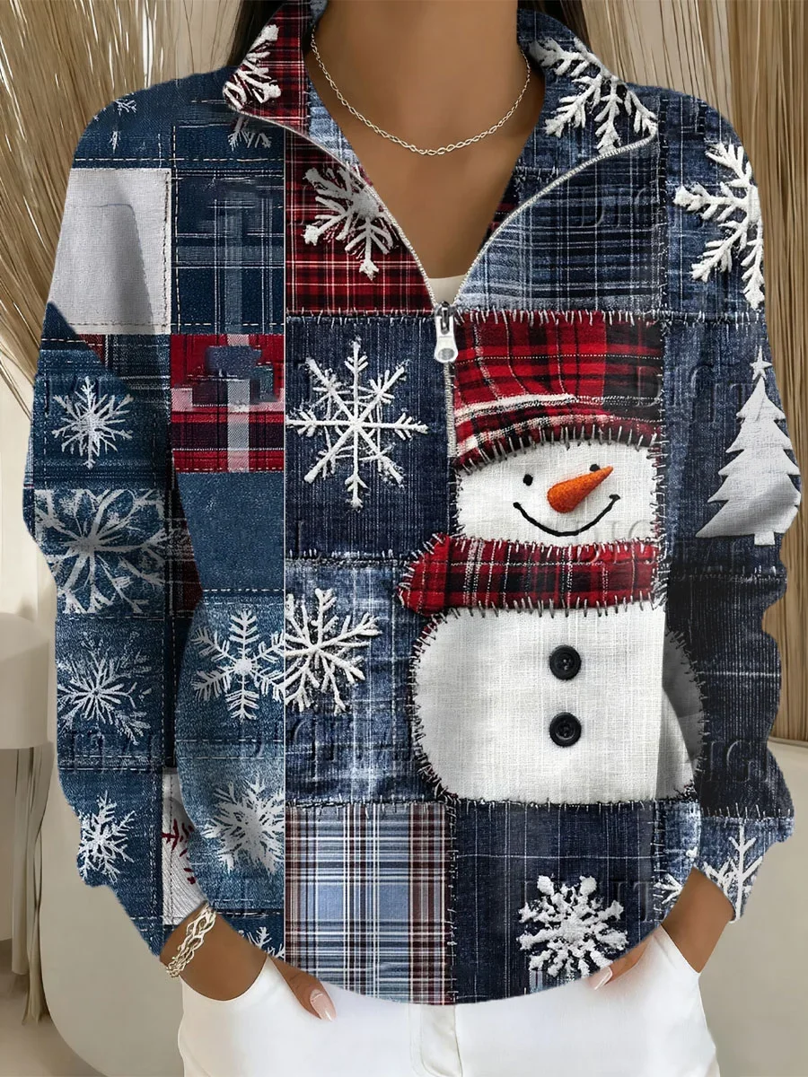 Casual Shawl Collar Christmas Snowman Sweatshirt Printing