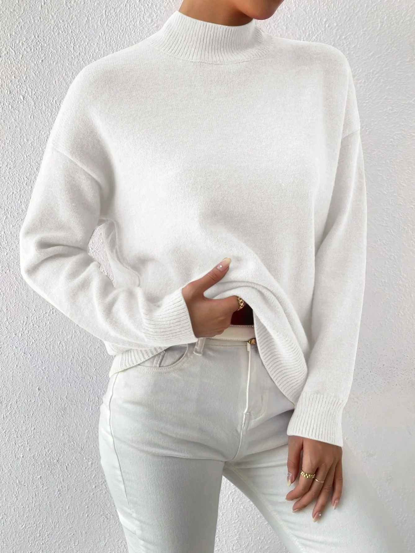 Women Plain Long Sleeve Comfy Street Split Joint Sweater