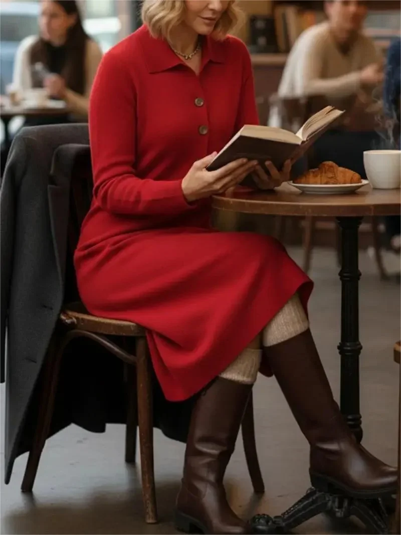 Women Plain Autumn Dress Shawl Collar Long Sleeve H-Line Dress