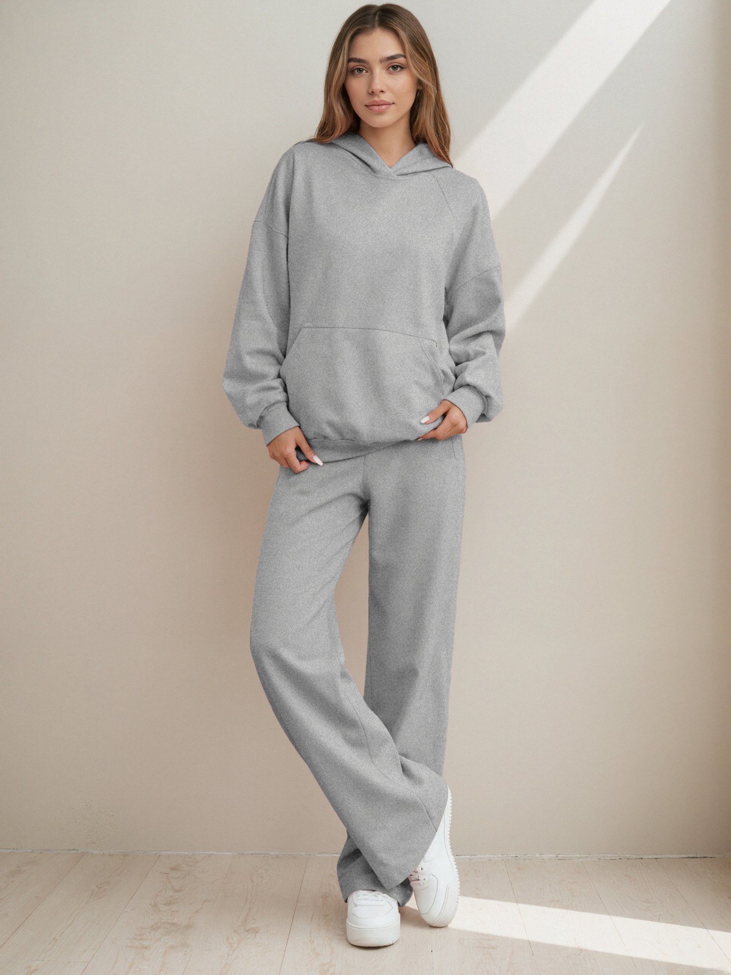 Women Plain Two-Piece Set Daily Long Sleeve Casual Spring/Fall Top With Pants Matching Set