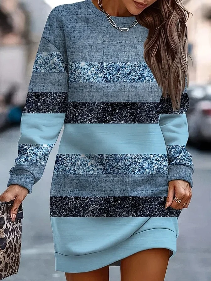 Women Striped Spring/Fall Printing Dress Crew Neck Long Sleeve Hip Skirt A-Line Dress