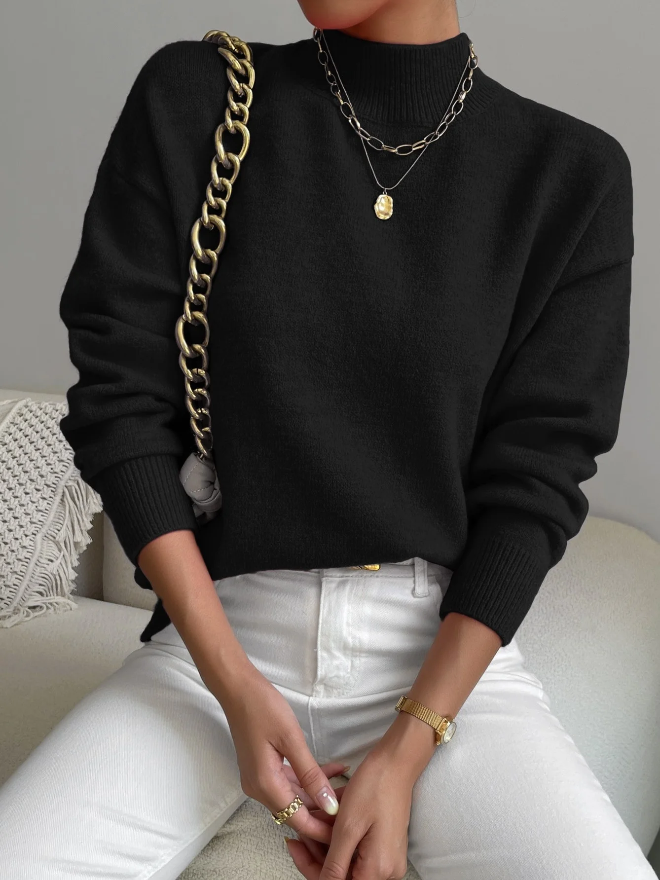 Women Plain Long Sleeve Comfy Street Split Joint Sweater