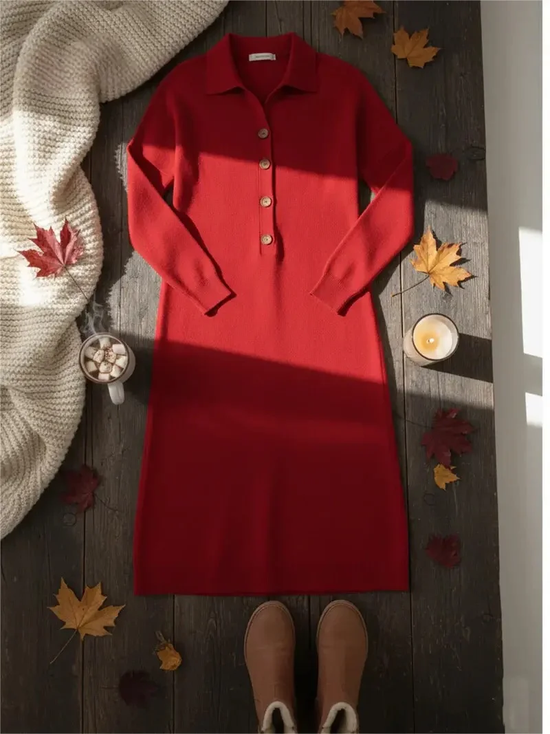 Women Plain Autumn Dress Shawl Collar Long Sleeve H-Line Dress