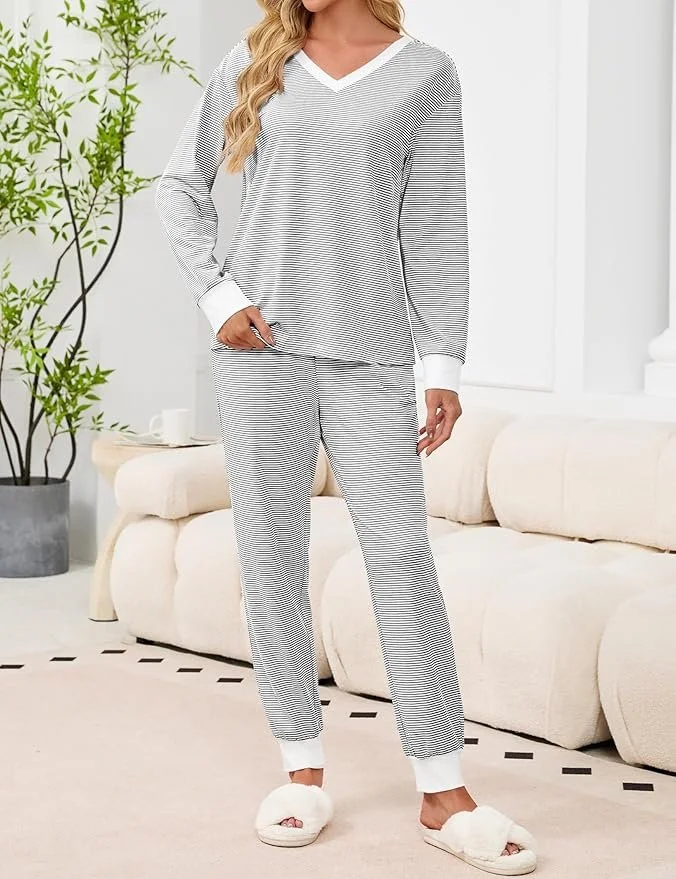 Color Block V Neck Casual Regular Fit Pajama Set