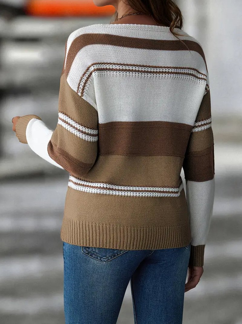 Women Cotton Color Block Long Sleeve Comfy Casual Sweater