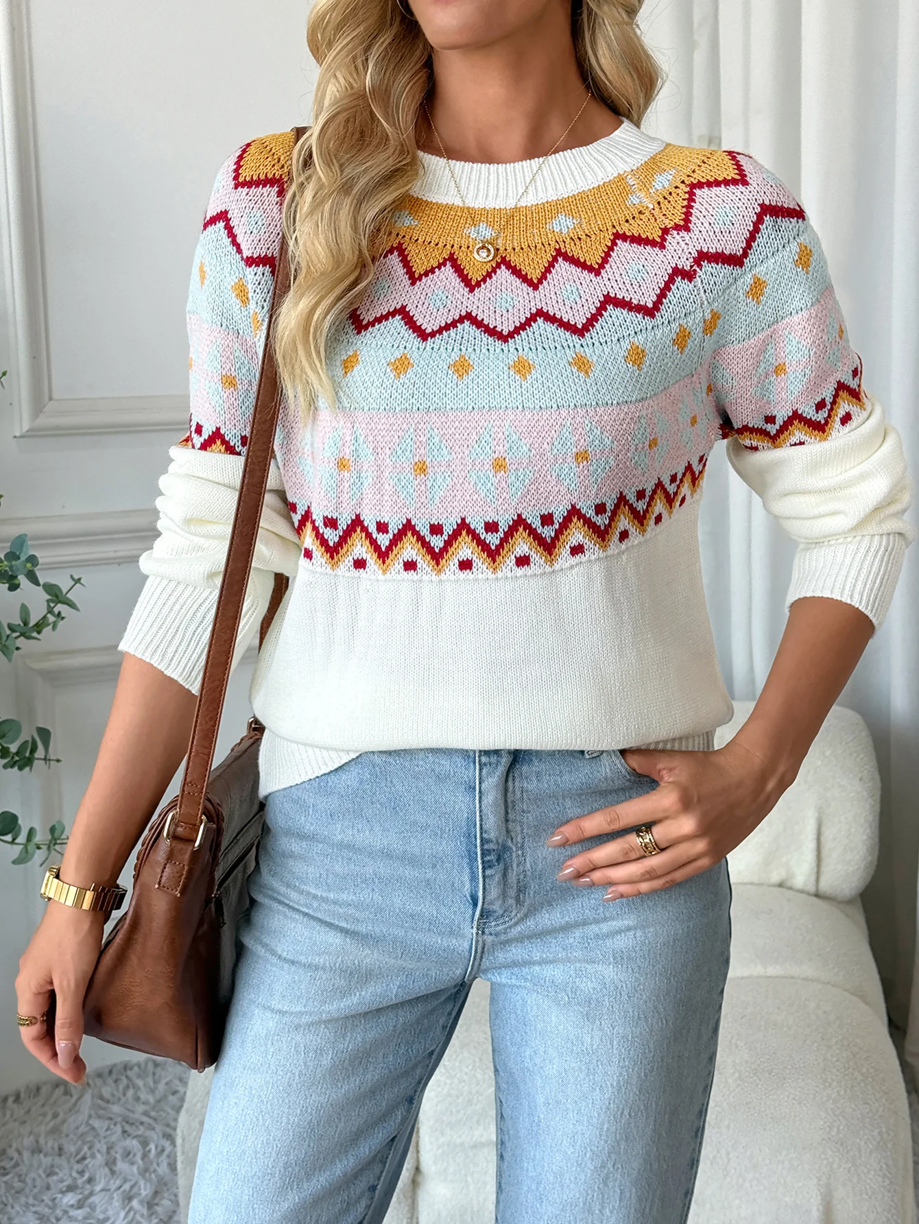 Women Cotton Geometric Long Sleeve Comfy Casual Sweater