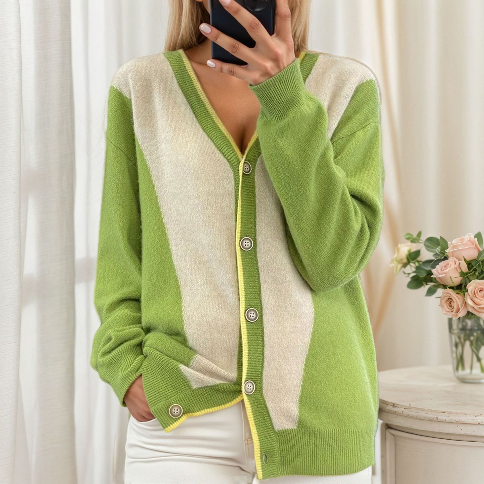 Women Cotton Color Block Long Sleeve Comfy Casual Cardigan