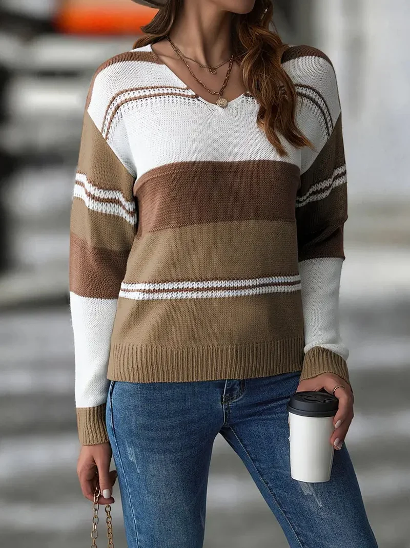 Women Cotton Color Block Long Sleeve Comfy Casual Sweater