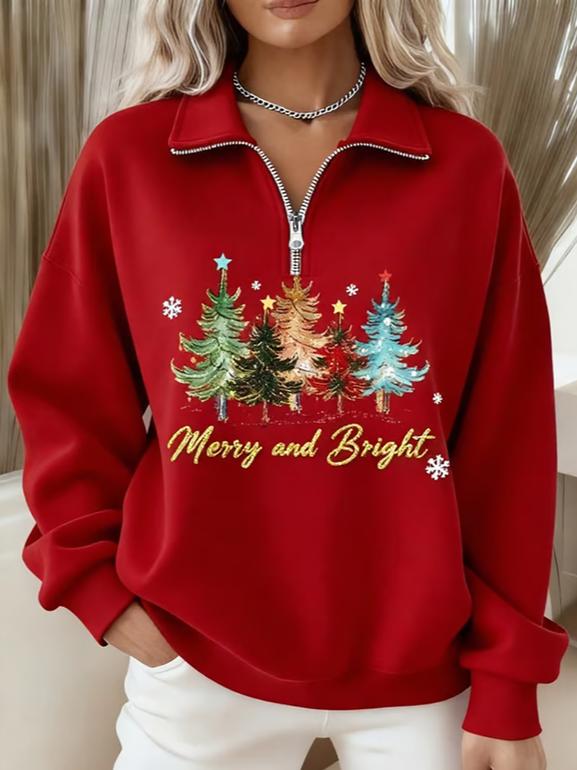 Casual Shawl Collar Christmas Sweatshirt Printing