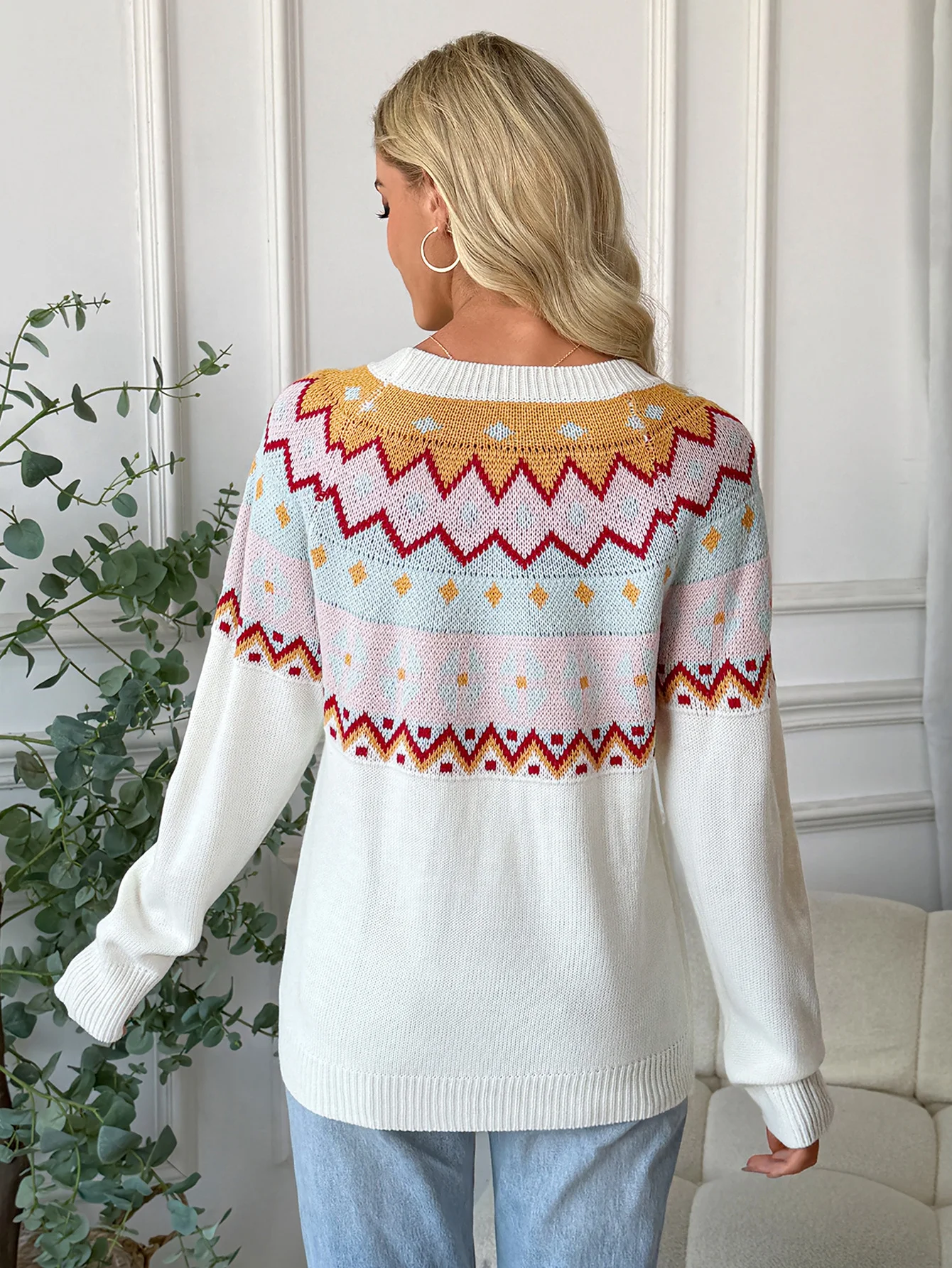 Women Cotton Geometric Long Sleeve Comfy Casual Sweater