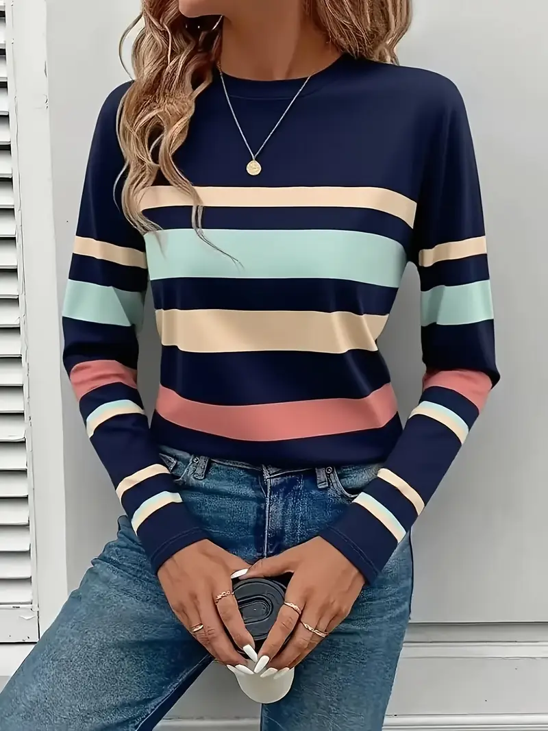 Casual Striped Crew Neck Long Sleeve T-shirt