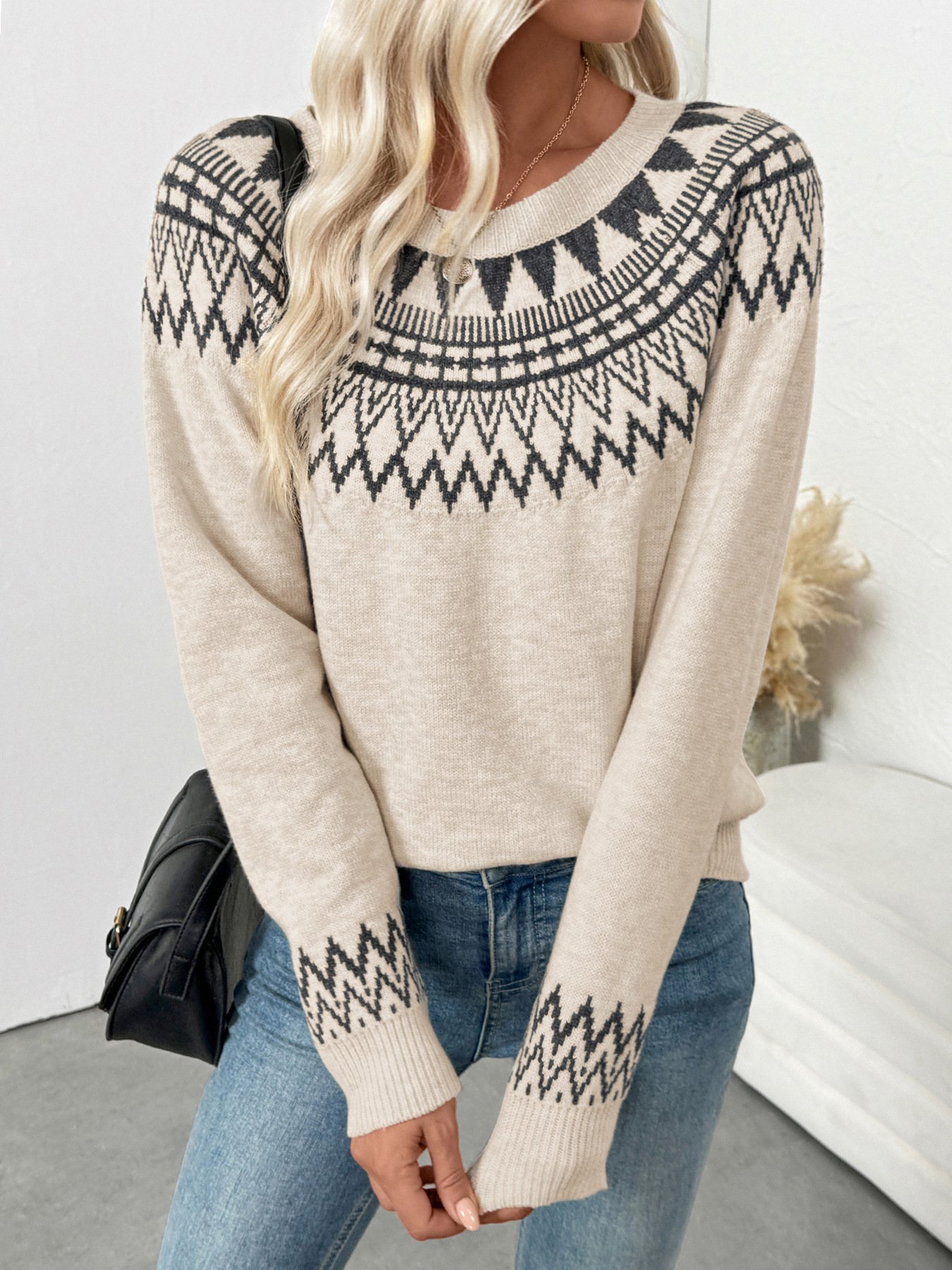 Women Cotton Geometric Long Sleeve Comfy Casual Sweater
