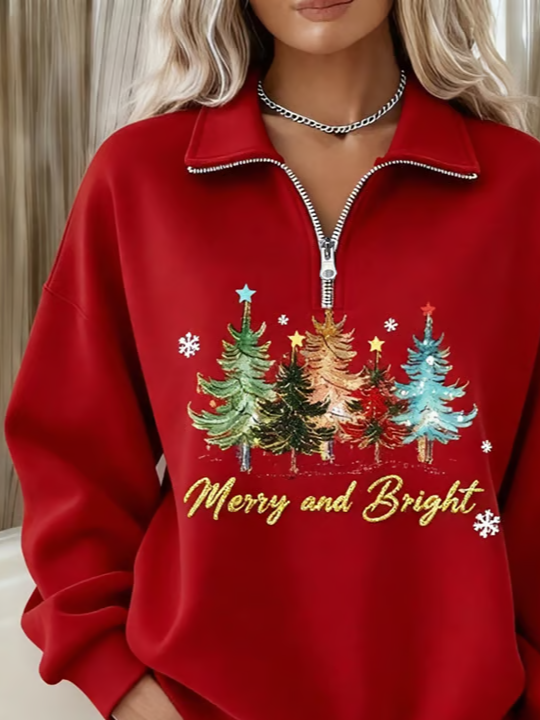 Casual Shawl Collar Christmas Sweatshirt Printing