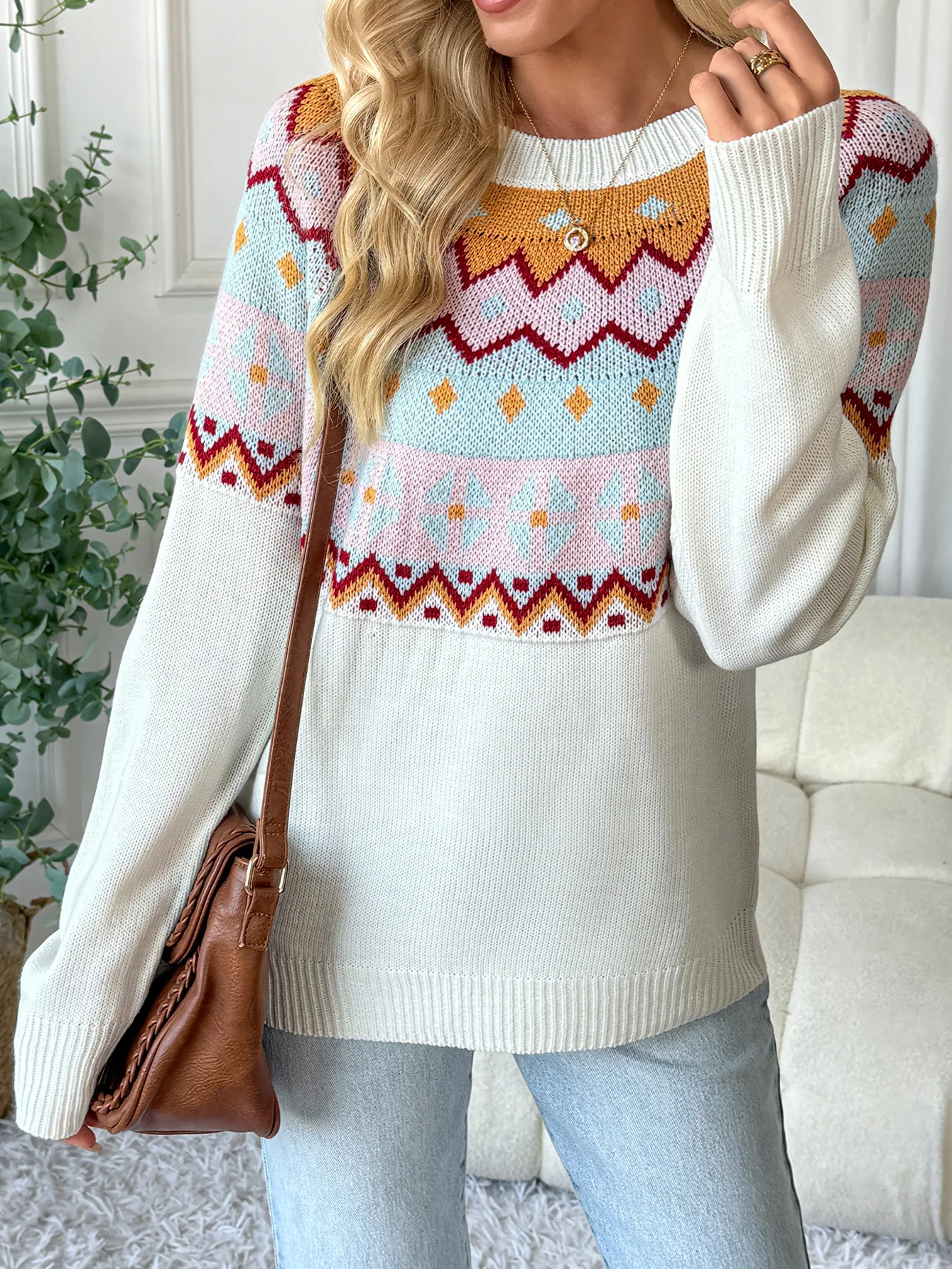 Women Cotton Geometric Long Sleeve Comfy Casual Sweater