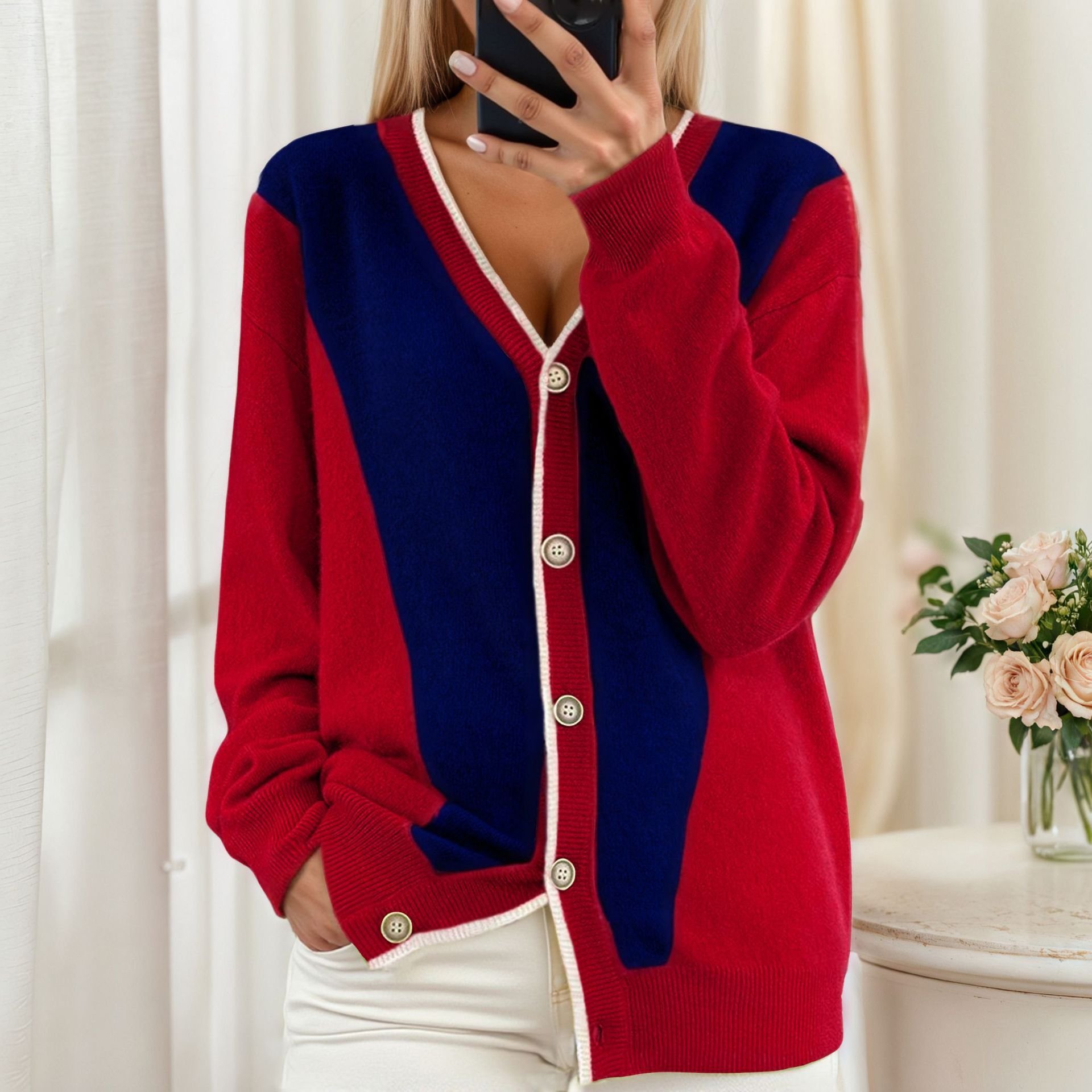 Women Cotton Color Block Long Sleeve Comfy Casual Cardigan