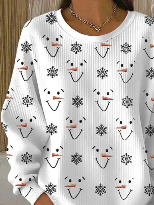 Casual Crew Neck Christmas Snowman Sweatshirt Printing