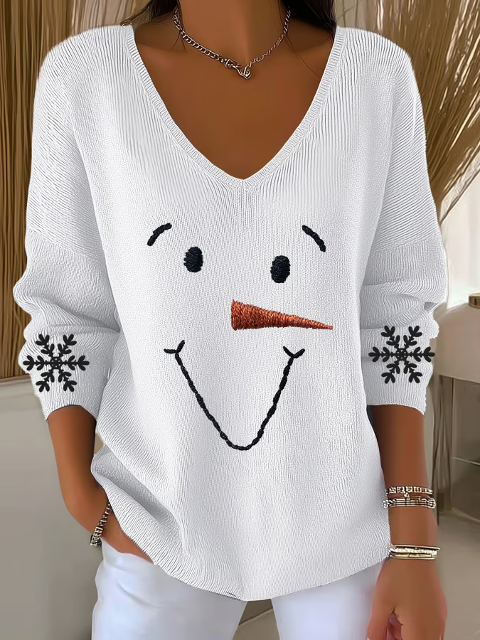 Casual Christmas Snowman V Neck Long Sleeve T-shirt