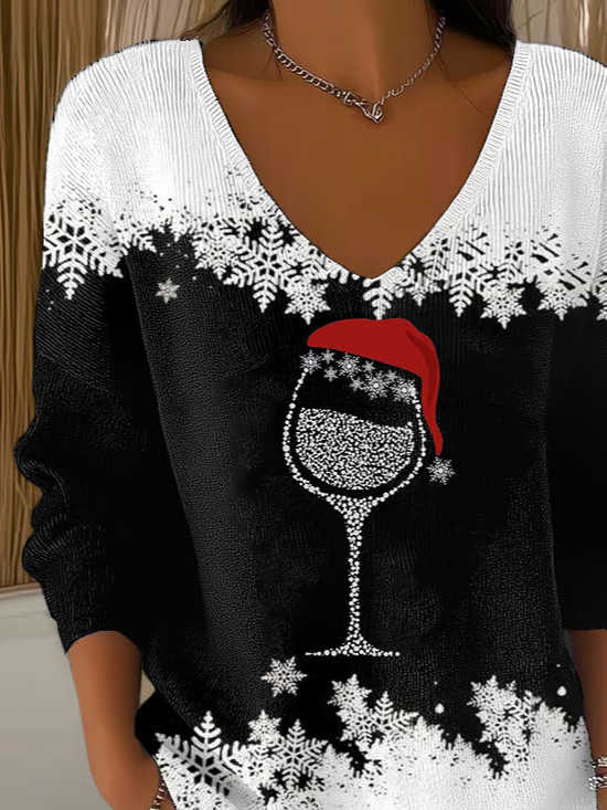 Casual Christmas V Neck Long Sleeve T-shirt