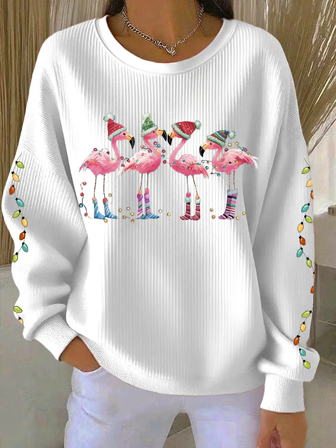 Casual Crew Neck Flamingo Sweatshirt Printing