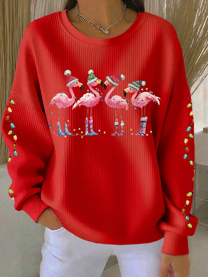 Casual Crew Neck Flamingo Sweatshirt Printing