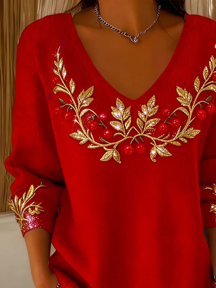 Casual Christmas V Neck Long Sleeve T-shirt