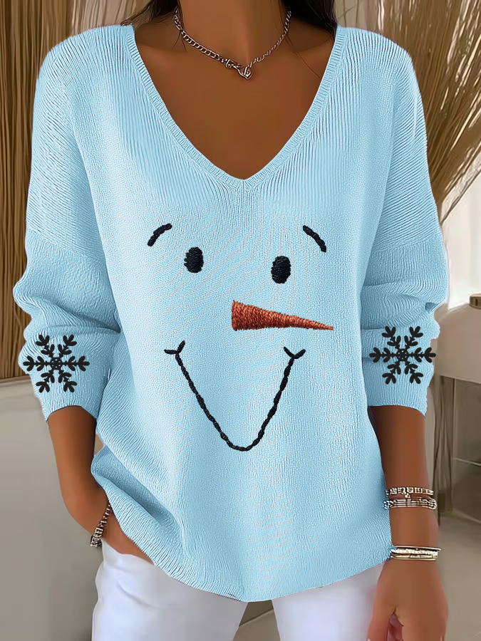 Casual Christmas Snowman V Neck Long Sleeve T-shirt