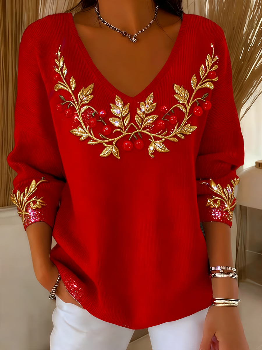 Casual Christmas V Neck Long Sleeve T-shirt