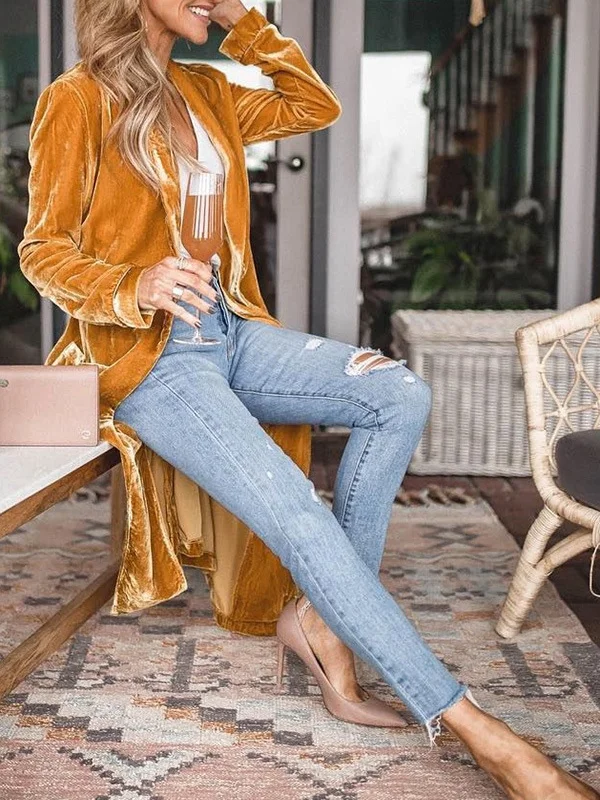 Women Spring/Fall Outerwear Vintage Split Joint Plain Long Sleeve Shawl Collar Jacket