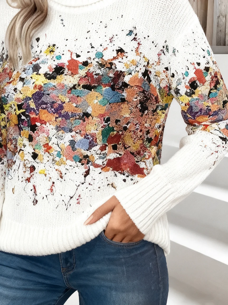 Women Gradient Pattern Long Sleeve Comfy Vintage Sweater