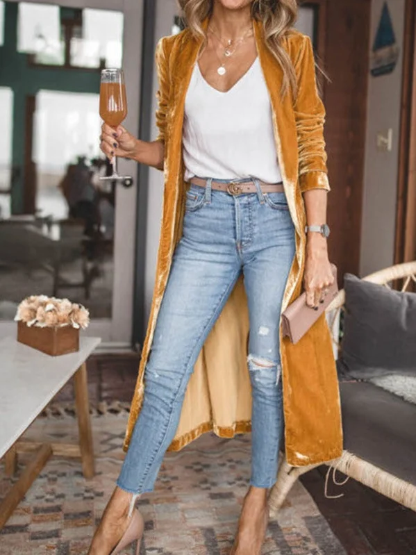 Women Spring/Fall Outerwear Vintage Split Joint Plain Long Sleeve Shawl Collar Jacket