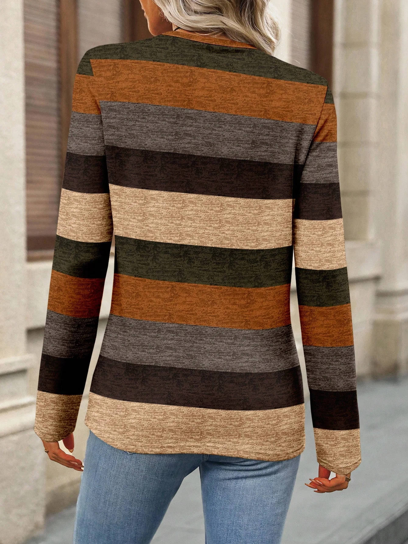 Casual Multicolor Block Crew Neck Long Sleeve T-shirt