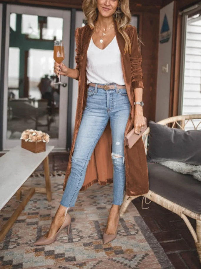 Women Spring/Fall Outerwear Vintage Split Joint Plain Long Sleeve Shawl Collar Jacket