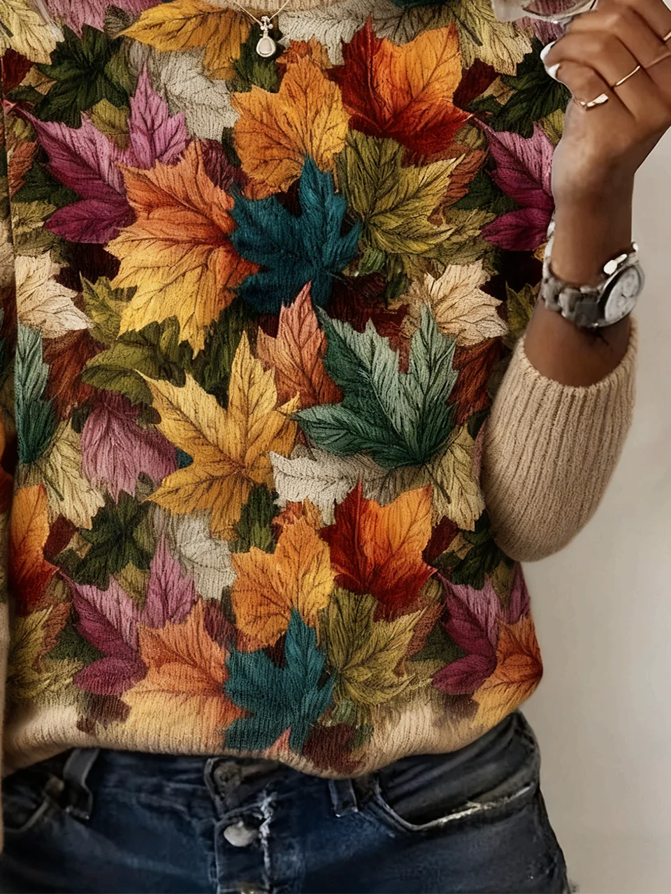 Women Maple Leaf Long Sleeve Comfy Vintage Sweater