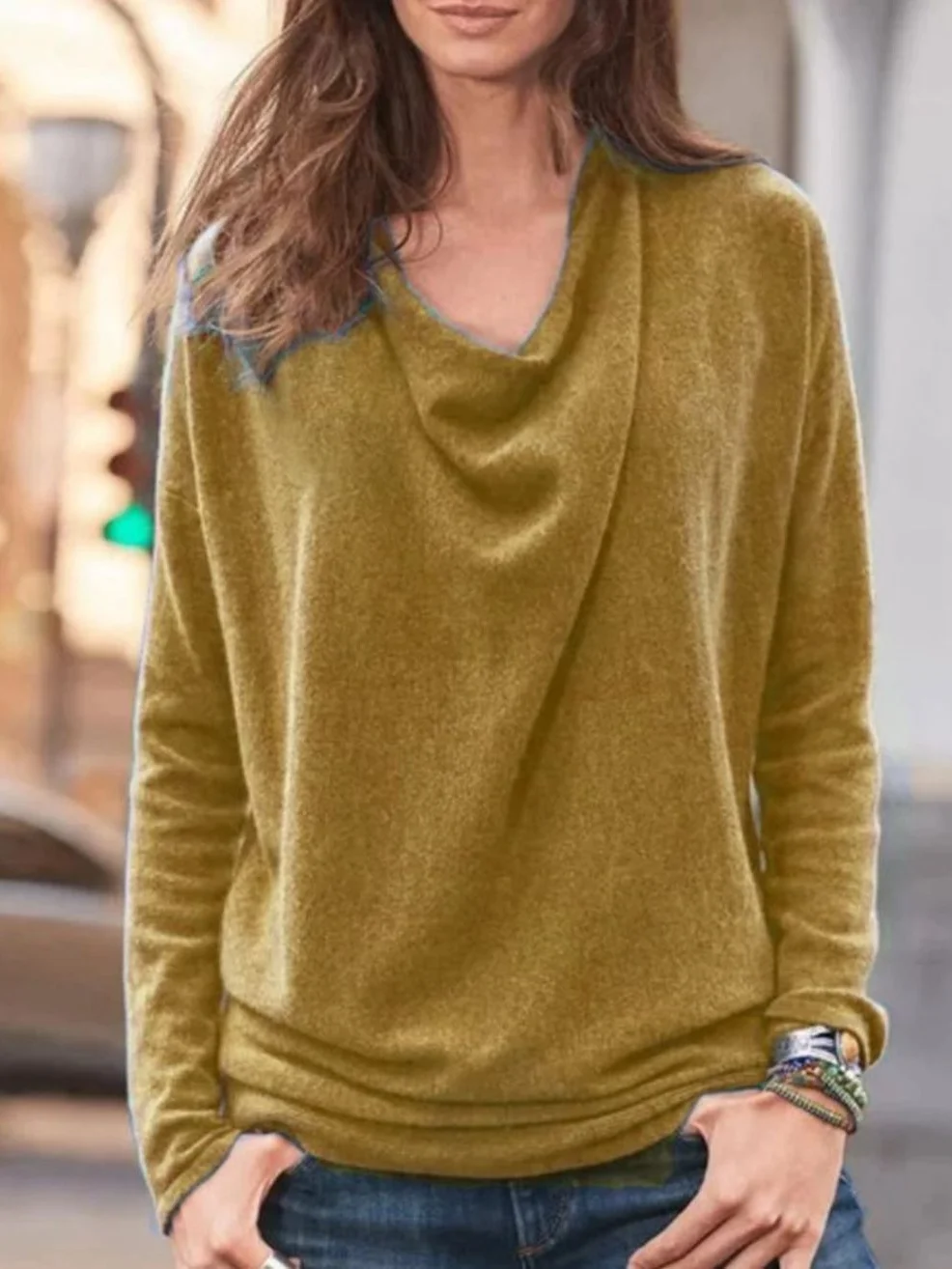 Vintage Plain Cowl Neck Long Sleeve T-shirt