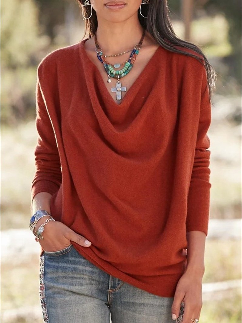 Vintage Plain Cowl Neck Long Sleeve T-shirt