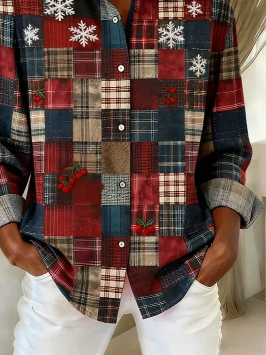Shirt Collar Regular Sleeve Long Sleeve Christmas Buckle Regular Loose Button Up Shirt Shirt For Women