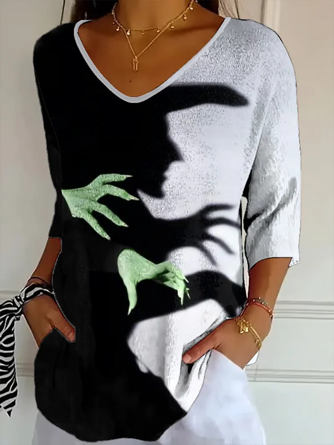 Vintage Halloween V Neck Three Quarter Sleeve T-shirt