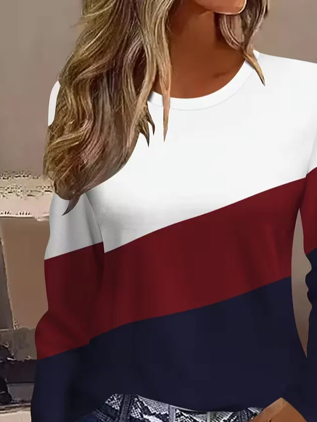 Casual Multicolor Block Crew Neck Long Sleeve T-shirt