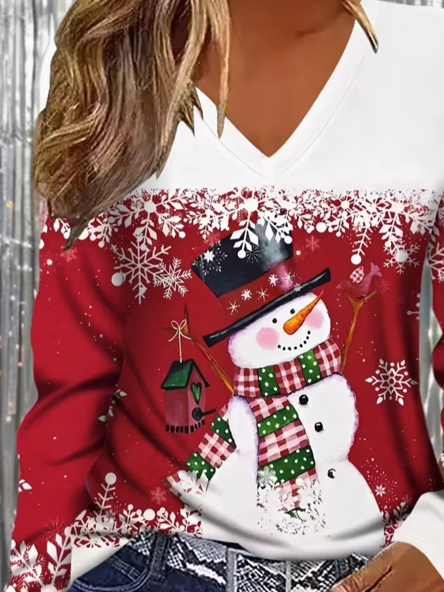 Casual Christmas Snowman V Neck Long Sleeve T-shirt