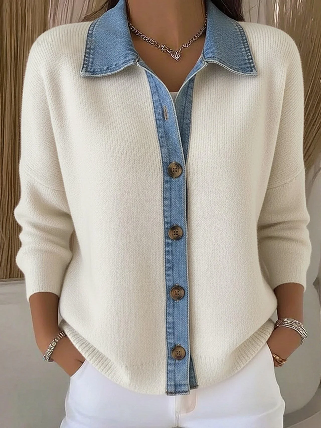 Women Knitted Multicolor Block Long Sleeve Comfy Casual Cardigan