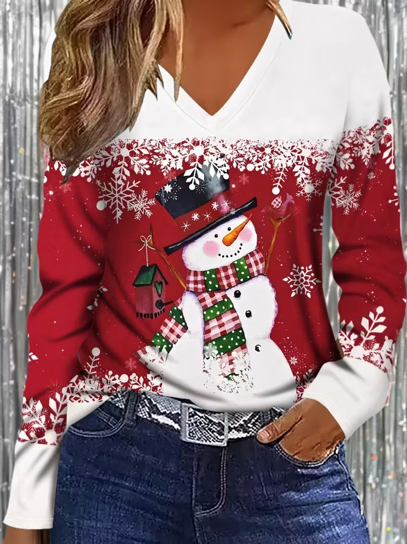 Casual Christmas Snowman V Neck Long Sleeve T-shirt