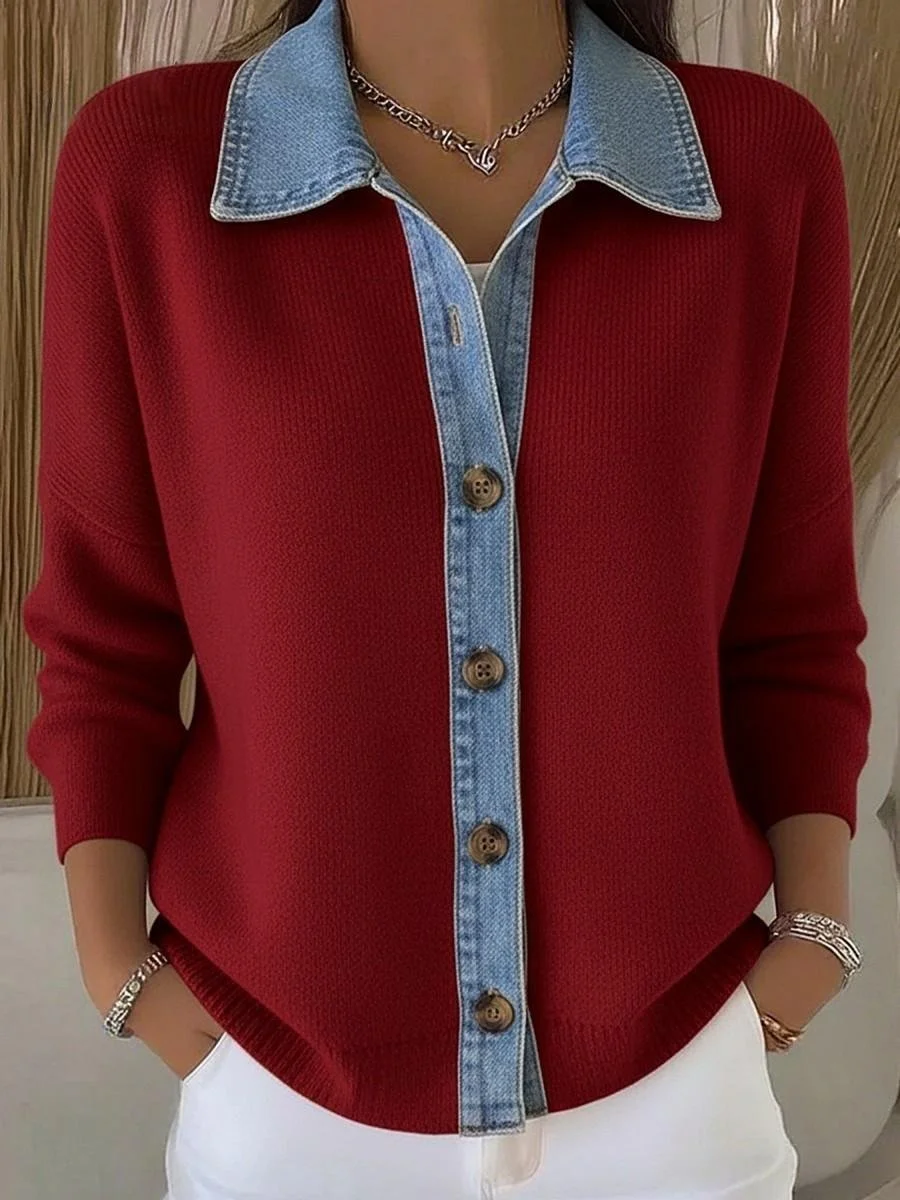 Women Knitted Multicolor Block Long Sleeve Comfy Casual Cardigan