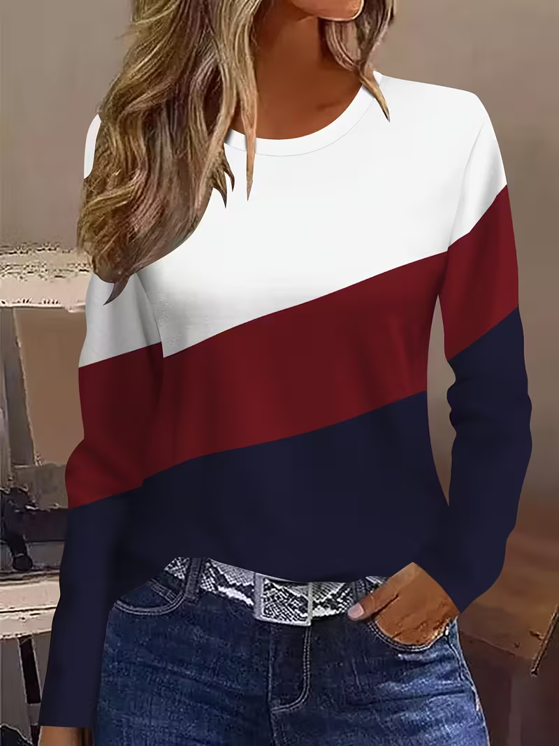 Casual Multicolor Block Crew Neck Long Sleeve T-shirt
