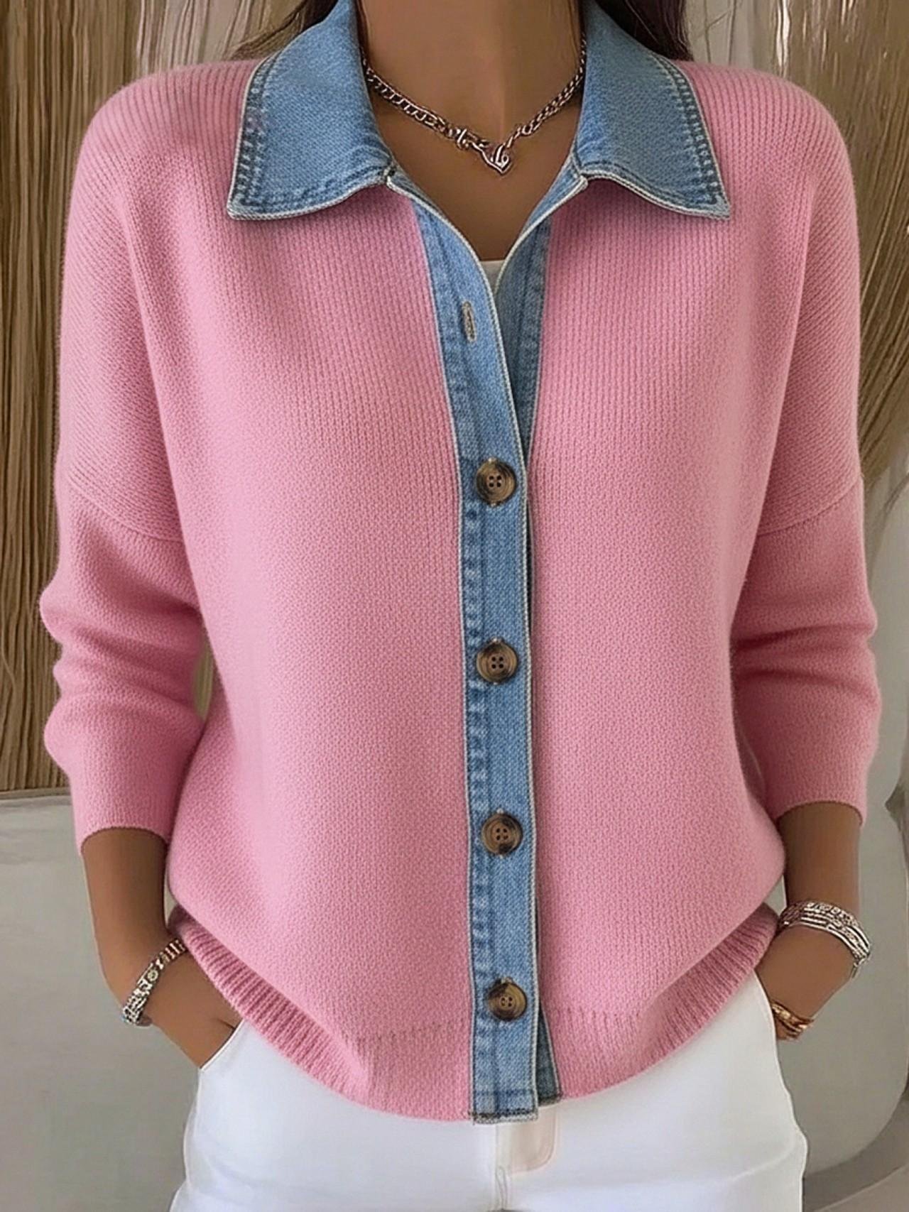 Women Knitted Multicolor Block Long Sleeve Comfy Casual Cardigan