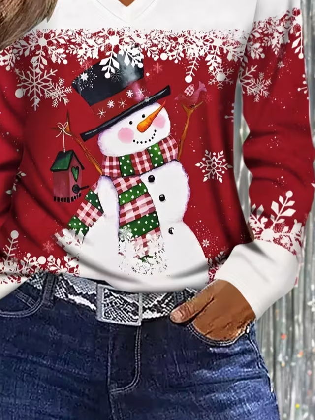 Casual Christmas Snowman V Neck Long Sleeve T-shirt
