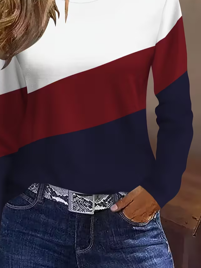 Casual Multicolor Block Crew Neck Long Sleeve T-shirt