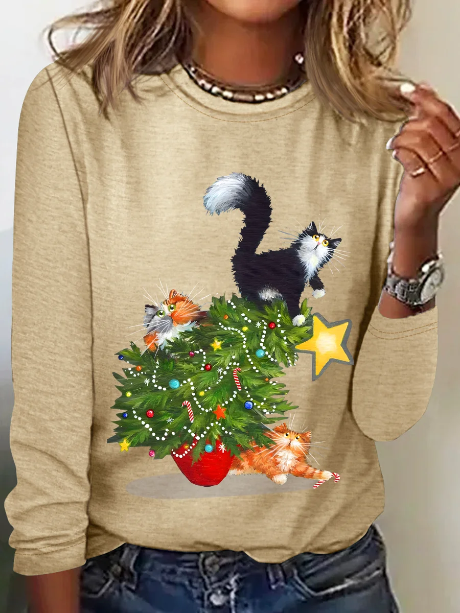 Casual Christmas Crew Neck Long Sleeve T-shirt